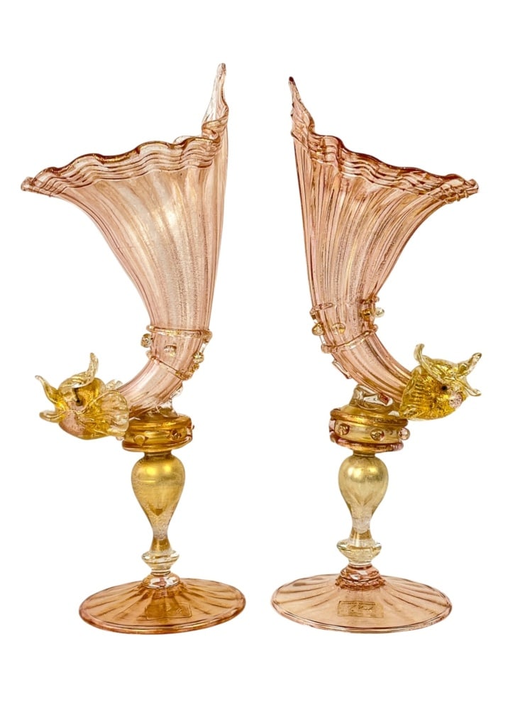 Pair of Vetreria Artigianale D?Este Murano Glass C: Pair of Vetreria Artigianale D’Este Murano Glass Cornucopia Vases. Late 20th century. Handblown, each is formed as a tall pink ribbed cornucopia with a dramatically folded mouth, applied trailing