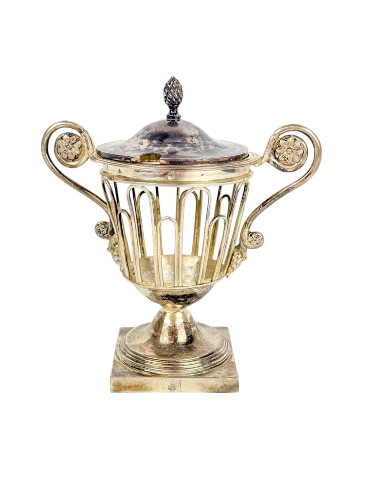 French JN Boulanger silver mustard pot.: A French Jean Nicholas Boulanger silver mustard pot. Lid with pinecone finial, rosette in handle and open wire work body. Lid and body marked with .800 Paris fineness mark, 1809-1819 Paris guaranty