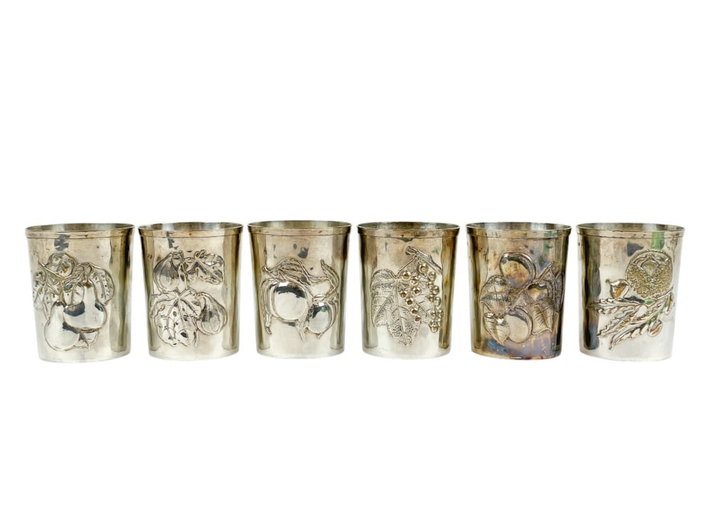 **6 Italian Brandimarte Firenze silver fruit cups.: A group of six Brandimarte Guscelli (Florence, 1924?1994) Brandimarte Firenze Johannes B retailed .800 silver repousse fruit hammered cups. Circa 1960-1968. Each features a different fruit. Marked "IO
