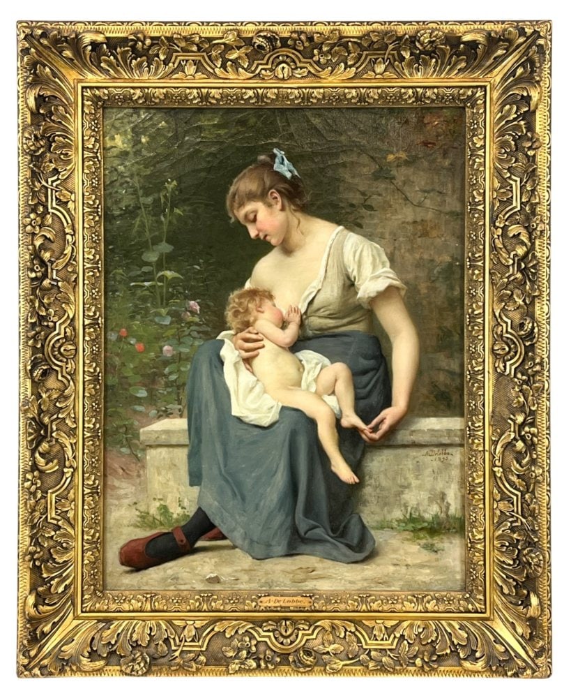 Francois Delobbe, Mother and child, 1895, O/C: Delobbe, Francois Alfred (French, 1835-1915). Woman cradling a baby in her arms. Oil on canvas. 1895. Signed and dated l.r. Sight: 26" x 19 1/2" Frame: 35 1/2" x 29"