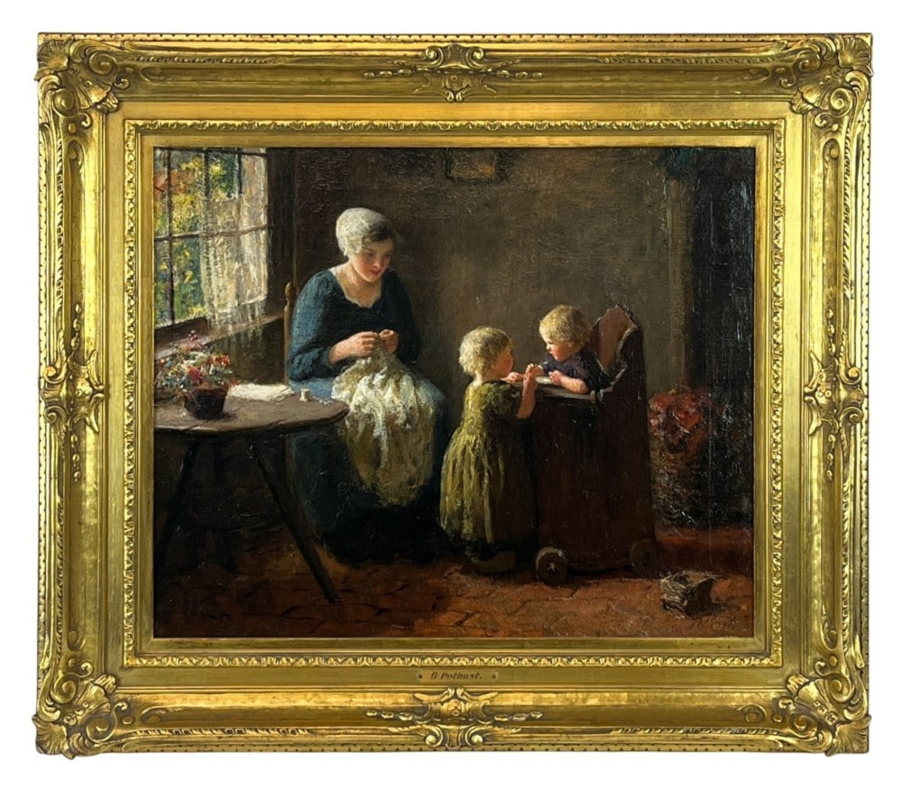 Bernard Pothast, Domestic scene, O/C: Pothast, Bernard (Belgian/Dutch, 1882-1966). An Dutch interior scene depicting a mother and her children in a domestic scene. Oil on canvas. Signed l.r. Sight: 17 1/2" x 21 1/2" Frame: 26" x 30"