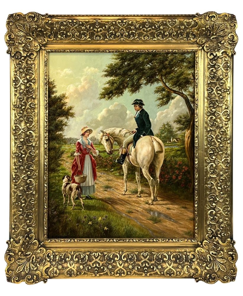 C. Taylor, Pastoral scene, O/C: A pastoral scene depicting a man on a horse speaking to a young lady along the path. Oil on canvas. Late19th/Early 20th century. Signed "C. Taylor" l.l. Sight: 19 1/2" x 15 1/2" Frame: 27 1/2" x 23 1/