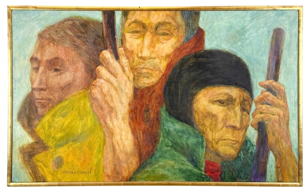 Levit, Herschel (American, 1912?1986), Three Men: Levit, Herschel (American, 1912–1986), Three Men. Oil on canvas depicting three male figures grouped against a turquoise background. The foreground figure wears a dark cap and holds a staff. Signed