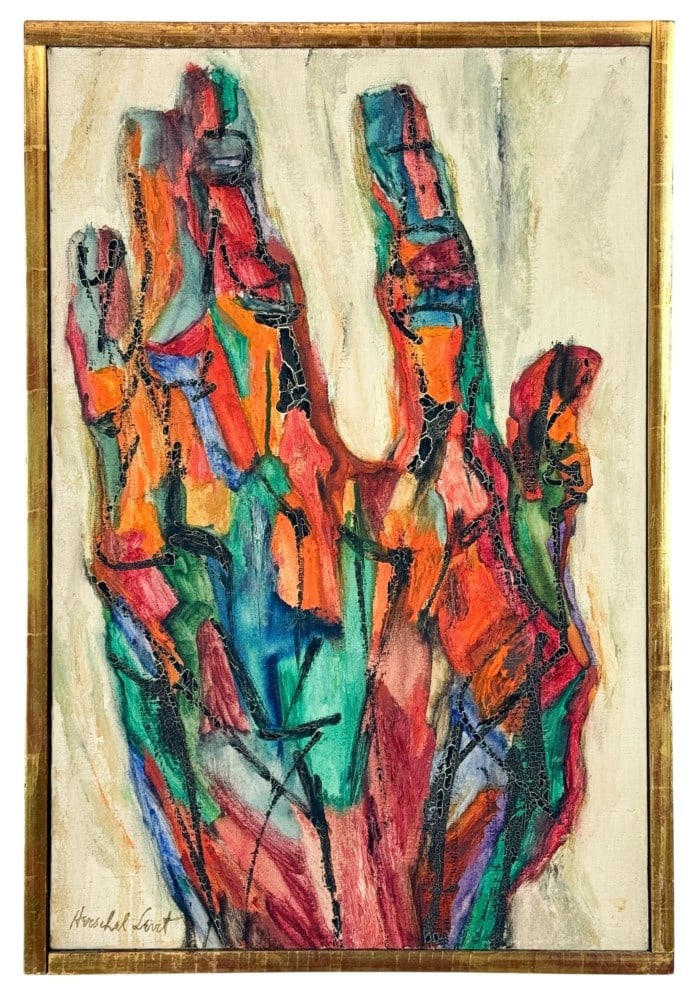 Levit, Herschel (American, 1912?1986), Hand.: Levit, Herschel (American, 1912–1986), Hand. Oil on canvas depicting an abstracted raised hand in vivid red, orange, turquoise, blue, green and black against a pale ground. Signed “Herschel Levit&