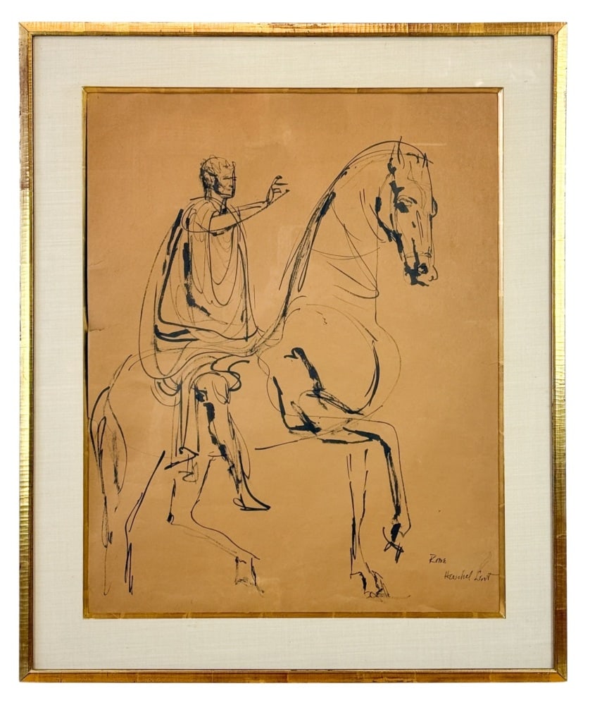 Levit, Herschel (American, 1912–1986), ink drawing: Levit, Herschel (American, 1912–1986), Rome. Ink drawing on tan paper depicting a mounted figure in classical-style robes, rendered with loose, expressive lines. Inscribed “Rome” and