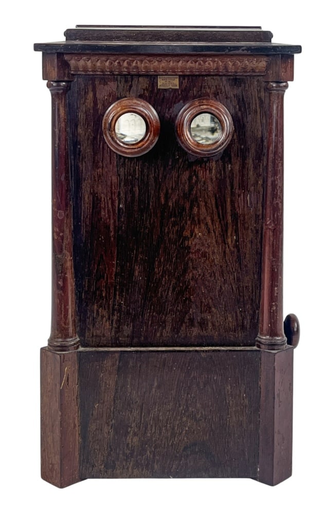 Alexander Beckers Patent Revolving Tabletop Stereo: Alexander Beckers Patent Revolving Tabletop Stereoscope. Late 19th century. Early American cabinet stereoscope manufactured by Alexander Beckers of New York, retaining a brass plaque inscribed ?Alex.