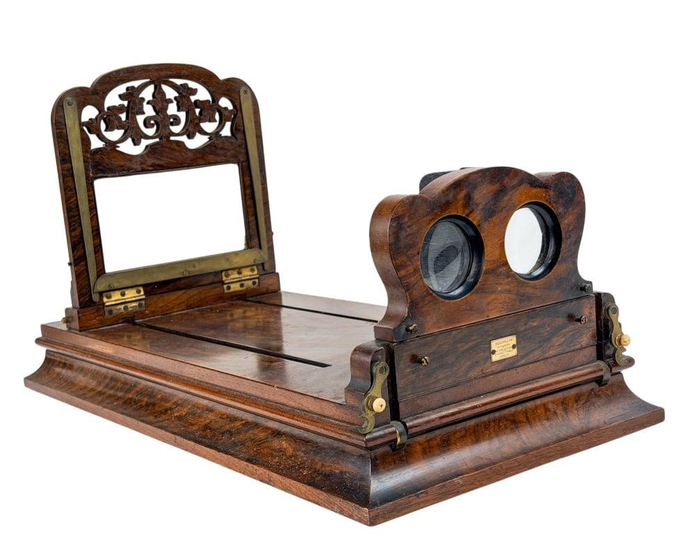 Newton & co. large combination graphoscope and ste: Newton & co. large combination graphoscope and stereoscope English, London, circa 1870?1885. A Victorian tabletop optical photograph viewer in richly figured wood, likely rosewood or rosewood veneer,