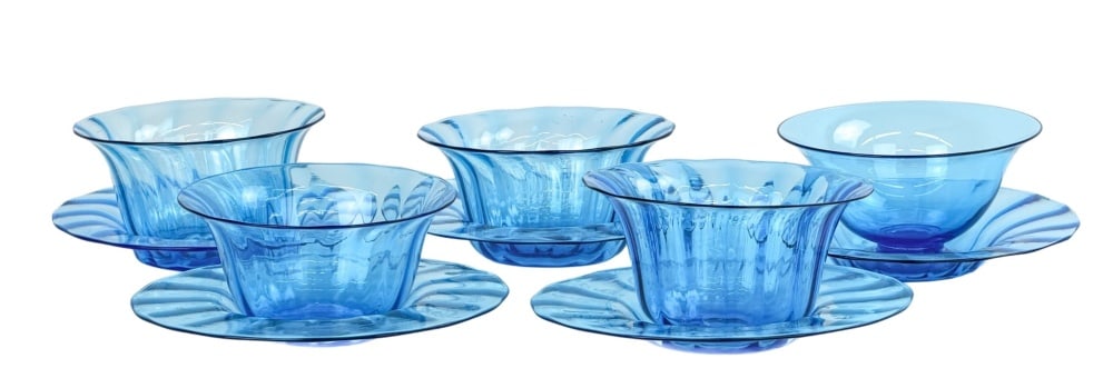 An Assembled Set of Five Carder Steuben Celeste Bl: An Assembled Set of Five Carder Steuben Celeste Blue Glass Finger Bowls and Underplates, Corning, New York, Circa 1920 Ten pieces total, including four optic-ribbed bowls and one plain footed bowl wit