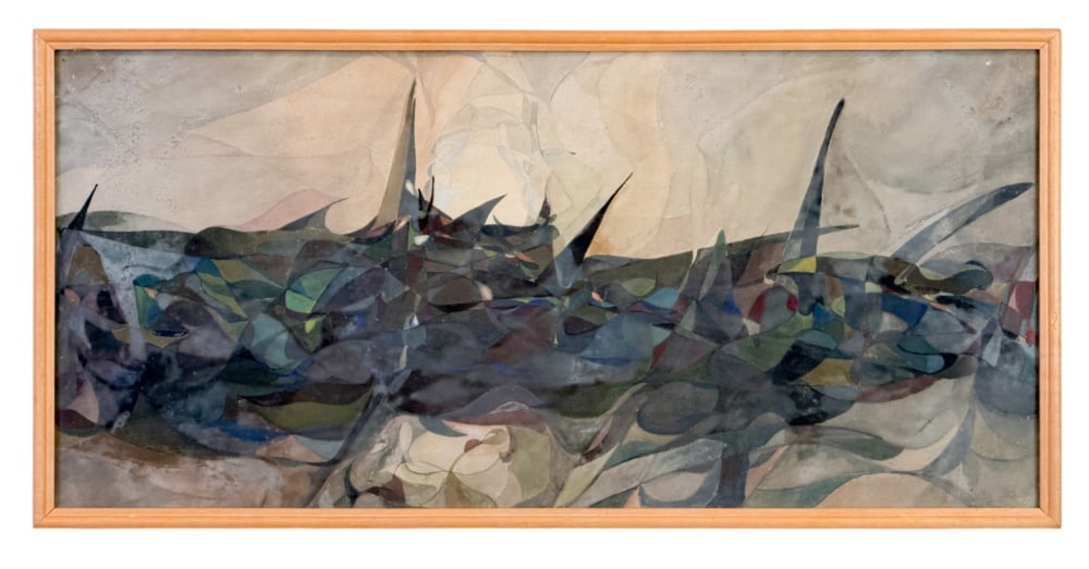 Indian abstract watercolor and gouache: A watercolor and gouache on paper, abstract painting with angular design, unsigned. Second half 20th century, India. Bearing a fragmentary handwritten Devanagari label on the reverse, in a simple wood