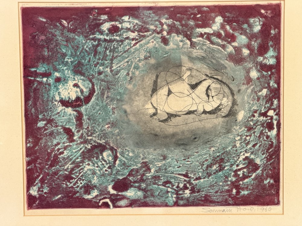 Somnath Hore (Indian, 1921?2006), Genesis, 1959;: Hore, Somnath (Indian, 1921–2006), Genesis, 1959, this impression signed and dated 1960. Color etching and aquatint on paper, depicting a mother and child enclosed within an oval field surrounded by