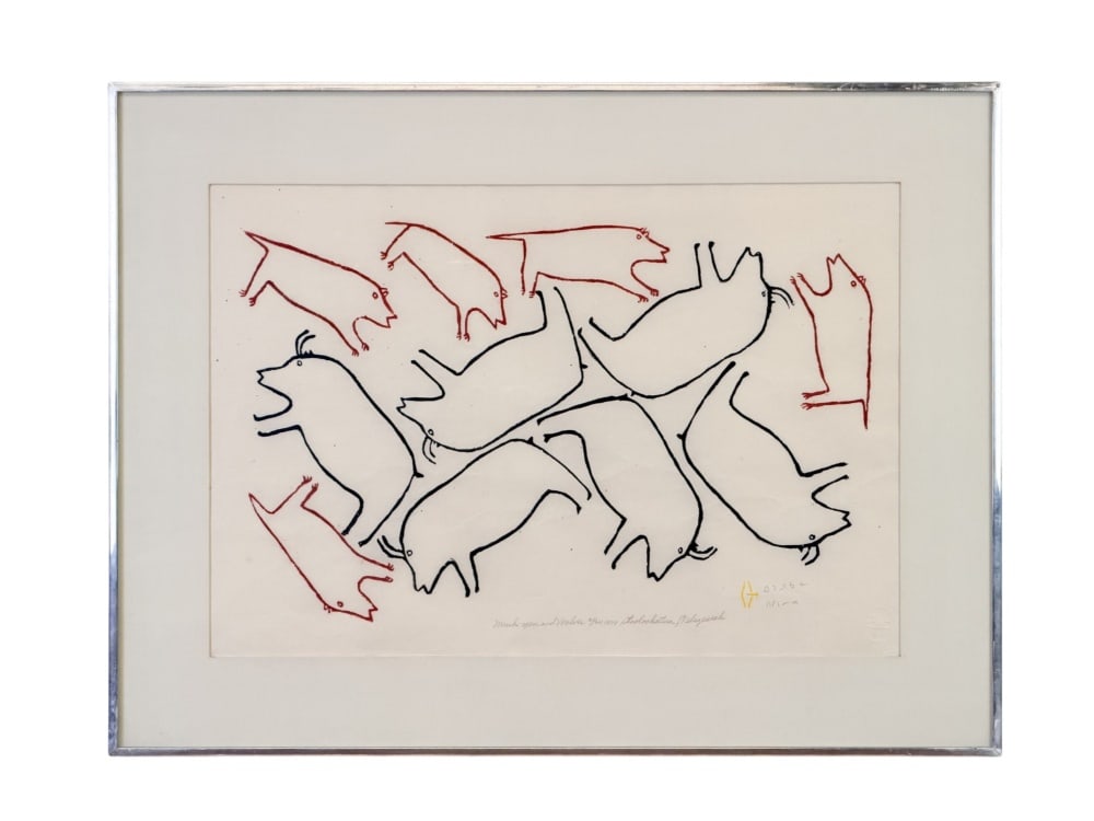Martha Ittuluka?naaq (Inuk, 1912?1981), Musk-oxen: and Wolves, 1970 (Baker Lake 1971, no. 17). Stonecut print in black and red on paper, depicting a tightly grouped herd of stylized muskoxen surrounded by wolves. Printed by James Tiriganiaq Kalluk (Ja