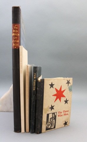 6 Press Books, incl: Gill THE LORD’S SONG. 31/500.: [Gill, Eric/Stephen Crane]. 6 Titles. ++ Eric Gill. THE PASSION OF OUR LORD ACCORDING TO ST MATTHEW. (Lon: Faber & Faber, 1934). Thin 12mo. Orig leather scuffed. Contents near fine. One of 300. ++ Gil
