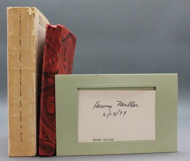 3 Items incl: CITIES OF THE INTERIOR, sgd by Nin.: [Nin/Miller/Maurois]. 3 Signed Items. ++ Anais Nin. CITIES OF THE INTERIOR. Ian Hugo illustrator. (NY: Phoenix Book Shop), (1959). 8vo. Orig wraps toned, lightly stained, wear at top and base of paper