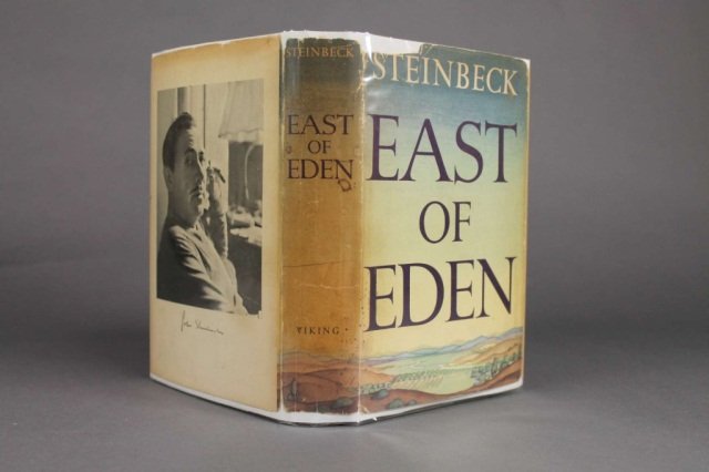 John Steinbeck. EAST OF EDEN. 1952. 1st trade ed.: [Steinbeck, John]. EAST OF EDEN. NY: Viking Press, 1952. Thick 8vo. Green cloth lettered in dark green. Spine has black lettering set against a red-brown background. Top edge’s yellow paint nearly w
