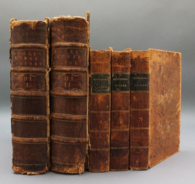 5 Vols incl: THE LIFE OF MARCUS TULLIUS CICERO.: [Ancient Rome]. 2 Titles (5 Vols). Sold with all faults. ++ Conyers Middleton. THE LIFE OF MARCUS TULLIUS CICERO. 3 Vols. Bos: Wells and Lilly, 1818. 8vo. Early full leather. Covers separated. Foxing 