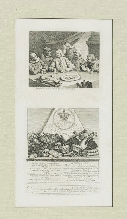 Hogarth, "Columbus Breaking the Egg" and "Receipt": [Hogarth, William] (Br., 1697-1764). 2 Etchings on same sheet: ++ Columbus Breaking the Egg. Image: 5 5/8” x 7 1/8”. PM: 6 3/8” x 7 ¾”. ++ Receipt for the Election Plates. PM: 8 7/8” x 7 5/
