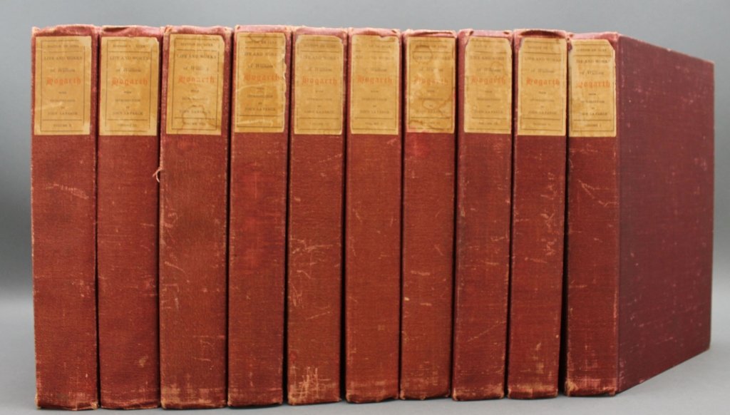 THE LIFE AND WORKS OF HOGARTH. 10 Vols. #396/1000.: [Hogarth, William]. THE LIFE AND WORKS OF HOGARTH. 10 Vols. Phila: Georg Barrie & Son, 1900. 8vo. Maroon cloth with printed paper spine labels toned, overall sunning and scuffing to covers, bit of fra