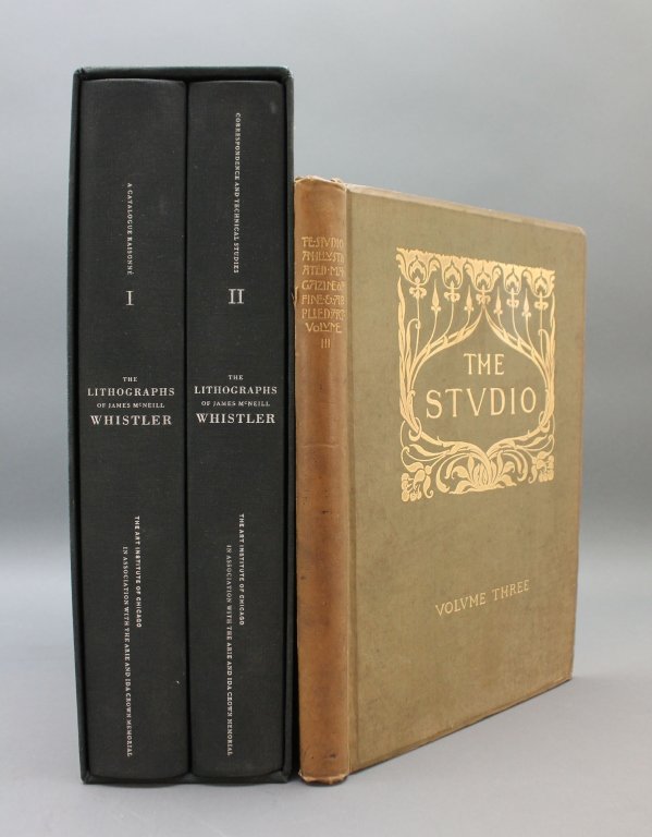 2 Books (3 Vols), incl: THE STUDIO. Vol 3.: [Whistler, James McNeill]. 2 Titles (3 Vols). ++ THE STUDIO. Vol 3. Lon: 1894. 4to. Original pea green cloth sunned, lightly stained (mildly affecting 1st lithograph). Includes 2 lithographs by Whistl