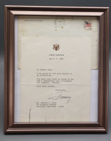 Jimmy Carter. TLS to Edward Pens. April 7, 1981.: [President Carter, Jimmy]. TLS. Reads in full: “To Edward Pens/ I am proud to add your bottle to my collection. You were very kind to think of me, and I appreciate your friendship and support. Thank