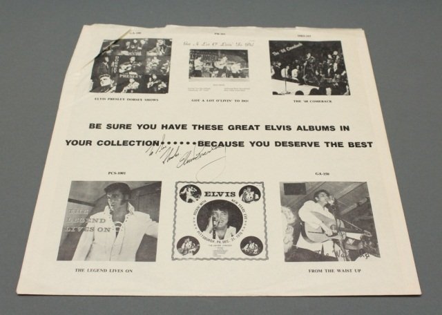 Elvis Presley. Signed & inscribed album sleeve.: [Presley, Elvis]. Signed inscription on the paper sleeve of a record album. Inscription reads “To Sue/ Thanks./ Elvis Presley.” 11 7/8” x 12 1/8”. Creasing to upper portion of sleeve, very goo