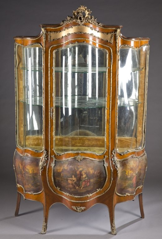 Vernis Martin china cabinet.: A Vernis Martin china cabinet. Early 20th century. Ballooned bow front & sides, ormolu mounts and mahogany veneers. 78"h x 50 1/2"w x 19"d. Condition: Right hand section of glass replaced with plastic