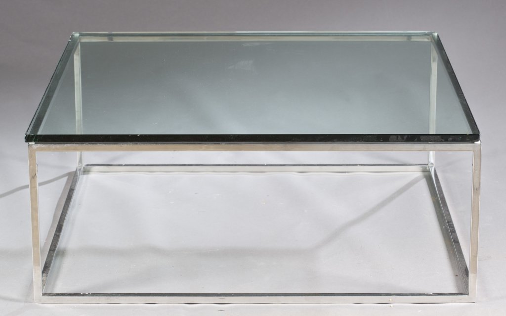Chrome and glass table.: A modern design rectangular glass & chrome table. 2nd half 20th century. 18"h x 42"w x 42"d. Provenance: The property of The Honorable Thomas S. Foley, former Speaker of the House Of Representatives a