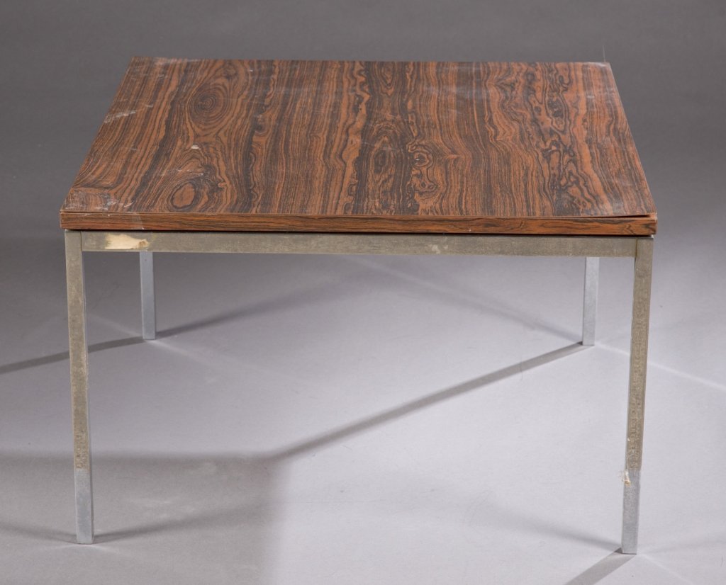 Knoll square coffee tables with veneer top.: Florence Knoll square coffee table. 3rd quarter 20th century. Chrome base with with veneered top. 16"h x 24"w x 24"d. Provenance: The property of The Honorable Thomas S. Foley, former Speaker of the H