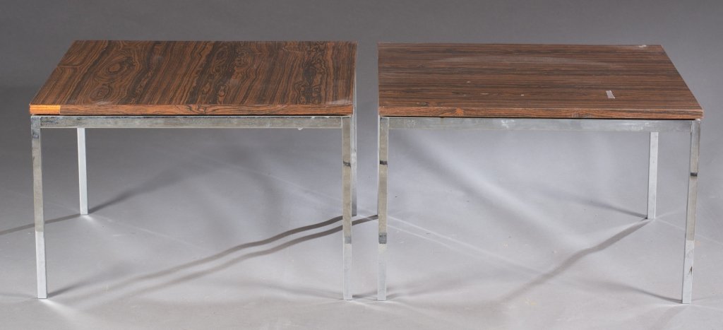 Pair of Knoll Chrome & laminate veneer tables.: Florence Knoll. Pair of chrome and laminate veneer top tables. 2nd half 20th century. 17"h x 22"w x 22"d. Provenance: The property of The Honorable Thomas S. Foley, former Speaker of the House Of Repr