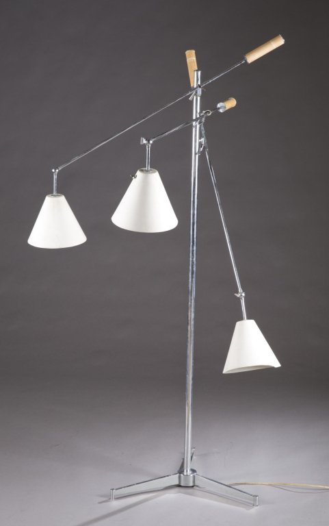 Sarfatto for Arteluc Triennale Floor Lamp.: A Geno Sarfatti "Triennale" 3-light floor lamp for Arteluce. 3rd quarter 20th century. Having white enamel shades on tripod base. 77"h. Provenance: The property of The Honorable Thomas S. Foley, forme