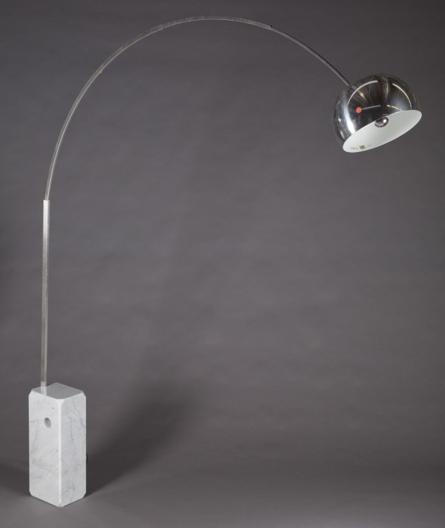 Flos Lamp by Achille and Pier Castiglioni.: A Flos lamp by Achille and Pier Castiglioni Arco. 20th century. Stainless steel, aluminum, and marble. 96".