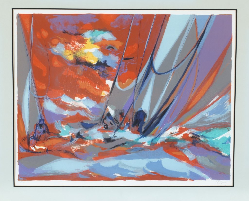 Marcel Mouly print.: Mouly, Marcel (France, 1918-2008). Lithograph of sailboat with red background. 20th century. Signed l.r., "M. Mouly" and numbered l.l., "4/250". Sight: 20 3/4" x 26". Frame: 26 1/4" x 32 1/4".