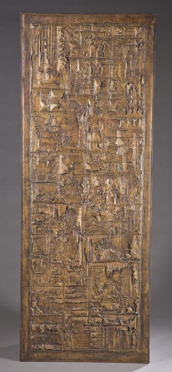 John Stritch mixed media.: Stritch, John (America, 1926-). A rectangular mixed media hanging sculpture. Signed "Stritch," backwards in upper right corner. 7'h x 3'w.