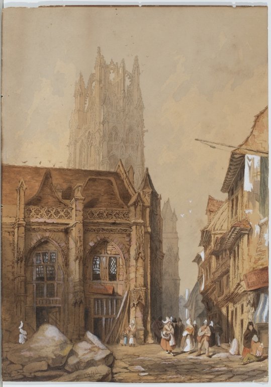 Attributed to Samuel Prout, Antwerp.: Attributed to Samuel Prout,. Watercolor, "Church of St. Laurens, Antwerp." c.1840. Watercolor on paper. Unsigned. Unframed. 16 3/4" x 11 3/4".