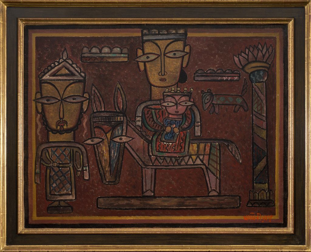 Jamini Roy, O/C., "The Flight into Egypt.": Roy, Jamini (India, 1887-1972). "The Flight into Egypt". Tempera on canvas. c.1960's. Signed l.r. in Bengali. Wood and gilt frame. 27" x 35 1/2". Frame: 33 3/4" x 41 1/4". Provenance: The property of