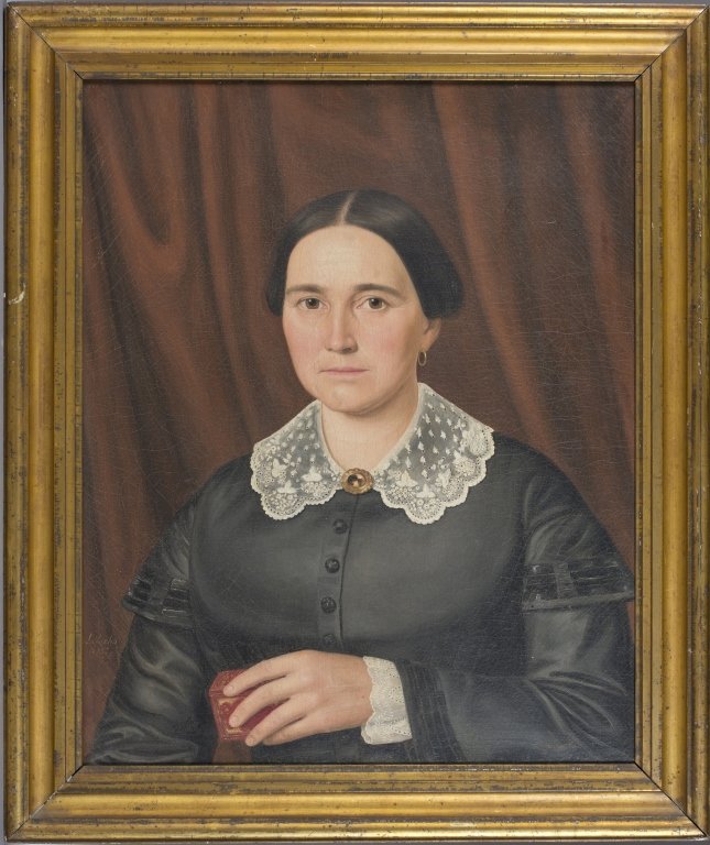 Lambert Sachs signed 1857 portrait of a woman.: Sachs, Lambert (Pennslvania, 1818-1903). Portrait of a woman dressed in black with a lace collar. c.1857. Oil on canvas. Signed at l.l. "L. Sachs 1857". Simple gilt frame. 26 1/2" x 21 1/2". Frame: 32