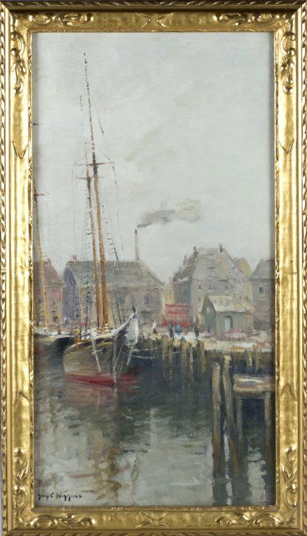 Guy Carleton Wiggins signed shipyard painting.: Wiggins, Guy (New York-Connecticut, 1883-1962). A genre painting of a ship dock. c.1910-1920. Oil on canvas. Signed l.l.,"Guy. C. Wiggins". Hand carved gilt frame. 36"h x 18"w. Frame: 22"h. x 40" w.