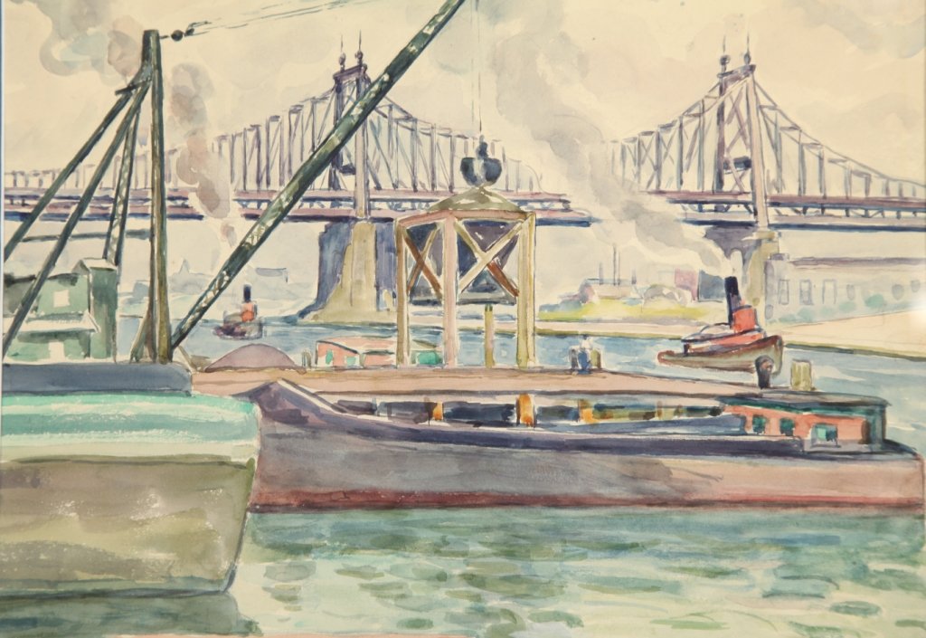 Samuel Halpert Queensboro Bridge Watercolor: Halpert, Samuel (New York/France,1884-1930). View of the Queensboro bridge, New York City from the Queens side. c. 1924. Watercolor on paper. Signed and dated l.r., " S. Halpert 1924". Painted wooden