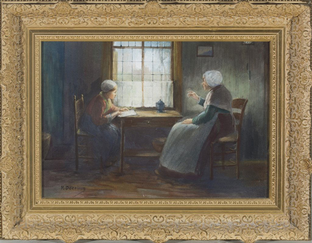 Paul Doering original signed water color.: Doering, Paul (Germany/America, 1864-1947). Watercolor scene of a woman and child seated at a table. Late 19th/early 20th century. Watercolor on paper. Signed l.l., "P. Doering". Gilt composition fram