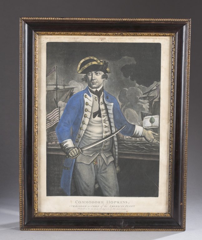 18th c mezzotint, "Commodore Hopkins.": After Martin Will, Johann Germany, 1727-1806). Mezzotint of "Commodore Hopkins, Commander in Chief of the American Fleet". August 22, 1776. Published by Thomas Hart, London. Framed. 14 1/2" x 10". Fra