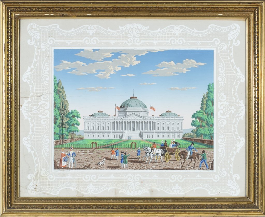 Framed block print of U.S. Capitol, c. 1830.: A block print of an early design of the U.S. Capitol after Benjamin Latrobe's drawing of the east front. c. 1830. Designed for use as a fireplace summer board. Printed in either Switzerland or France.