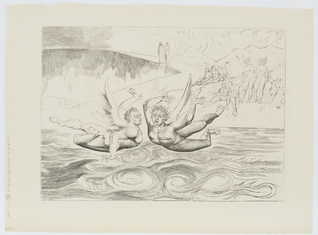 William Blake 1968 print.: A William Blake engraving from Illustrations to Dante's Divine Comedy. Reprint c.1968. Engraving with drypoint entitled, " Circle of Corrupt Officials." 9 1/2" x 13 1/8".