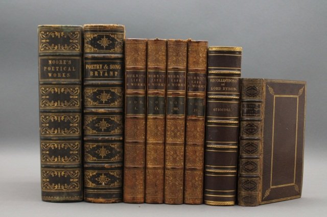 8 Vols: Burns, Bryant, Shakespeare, Moore, Byron.: [British Authors]. 5 Titles (8 Vols). Vp:vp. 12mo/8vo. Full/half leather. Fair to very good (Robert Burns with brittle joints), most with varying amounts of foxing. ++ THE LIFE AND WORKS OF ROBERT BUR