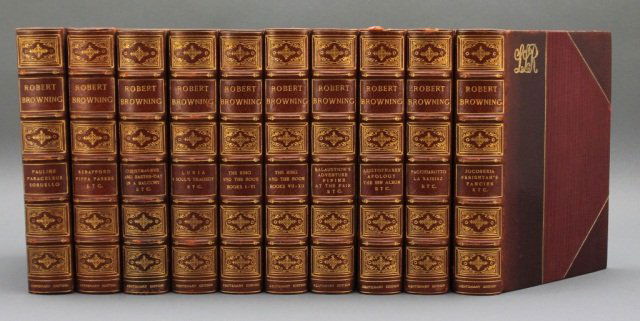 THE WORKS OF ROBERT BROWNING. 10 Vols. 1912.: [Browning, Robert]. THE WORKS OF ROBERT BROWNING. 10 Vols. Introductions by F. G. Kenyon. Lon: Smith, Elder & Co., 1912. 8vo. Burgundy half morocco and cloth with titles and “Centenary Edition” in