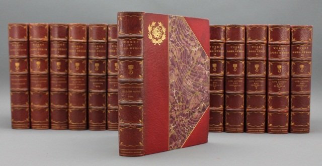 THE WORKS OF LORD BYRON. 16 Vols. 1900. #6/150.: [Byron]. THE WORKS OF LORD BYRON With his Letters and Journals… 16 Vols. Life by Thomas Moore, introduction by Richard Henry Stoddard. Bos: Francis A.Niccolls, 1900. 8vo. Half red morocco and marble