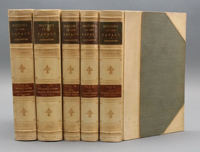 Creighton A HISTORY OF THE PAPACY. 5 Vols 1882-94.: [Catholic Church]. M. Creighton. A HISTORY OF THE PAPACY During the Period of the Reformation. 5 Vols. Lon: Longmans, Green, and Co., 1882-1887, 1894. 8vo. Later half vellum and cloth, spines have gre