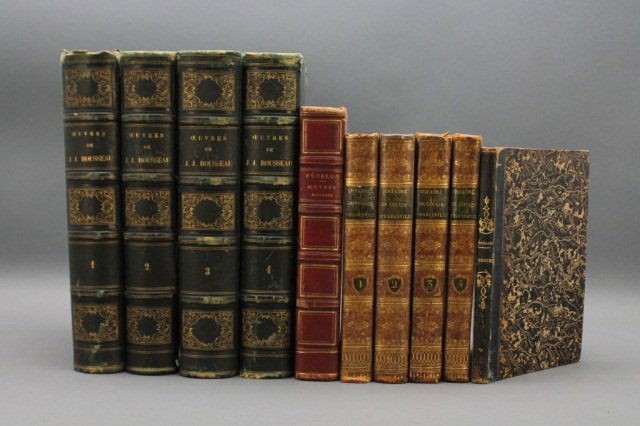 10 Vols: Rousseau, other French authors.: [French Authors]. 4 Titles (10 Vols). Vp:vp. 8vo/4to. Half/full leather. Covers of “Theatre de Poesies…” have considerable staining. 1 volume of J. J. Rousseau has title page removed. Other vols