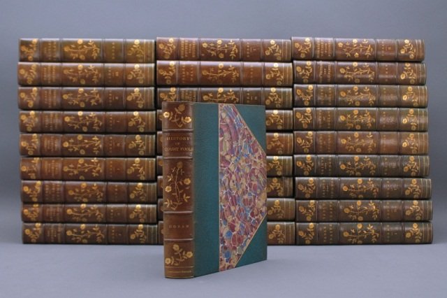 George Doran. 28 Vols. Connoisseur Ed., #27/150.: George Doran. [Works]. Connoisseur Edition. 28 Vols. Bos: Francis A. Niccolls, (nd). 8vo. ½ blue-green morocco and marbled board, f loral decorations on spines, “Connoisseur Edition” in gilt at s
