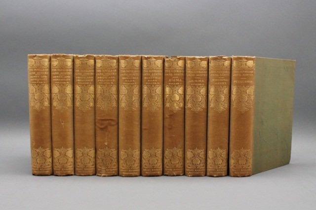 THE NOVELS OF JANE AUSTEN. 10 Vols. Winchester Edi: Austen, Jane. THE NOVELS OF JANE AUSTEN. 10 Vols. Winchester Edition. Lon: Grant Richards, 1898. 8vo. Original green cloth, gilt lettered spine with gilt leaf and vine motif, top edges gilt, other edg
