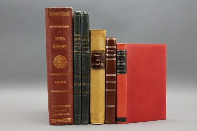 6 Vols: Dante, in Italian. 1784-1891.: [Dante Alighieri]. 5 Titles (6 Vols). 12mo/8vo. 5 vols hardcover, 1 flex leather. Fair to very good. Sold with all faults. .++ DANTE ALIGHIERI. Vol I (of 3): Inferno. Venice: Antonio Zatta, 1784. Cons