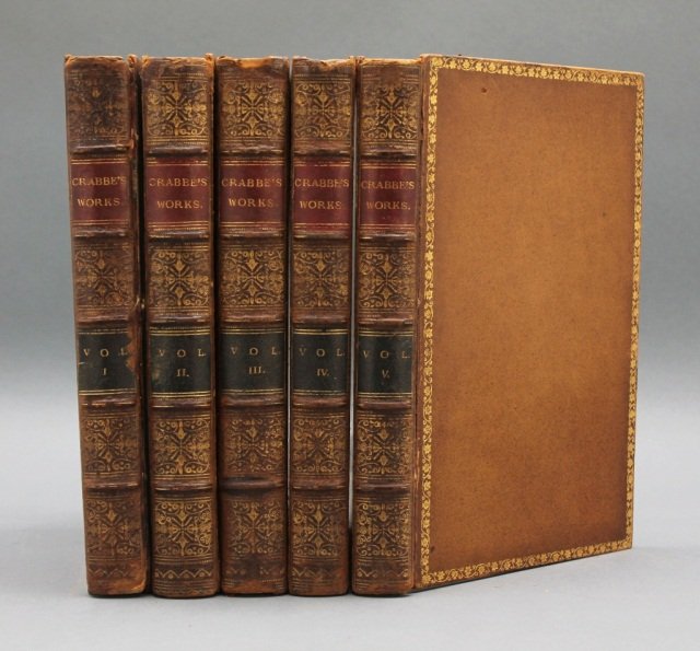 THE WORKS OF THE REV. GEORGE CRABBE. 5 Vols. 1823.: [Poetry/Wickham Family Collection]. THE WORKS OF THE REV. GEORGE CRABBE. 5 Vols. Lon: John Murray, 1823. 8vo. Early calf with gilt dentelle, gilt-decorated spines, edges stained yellow, marbled eps. S